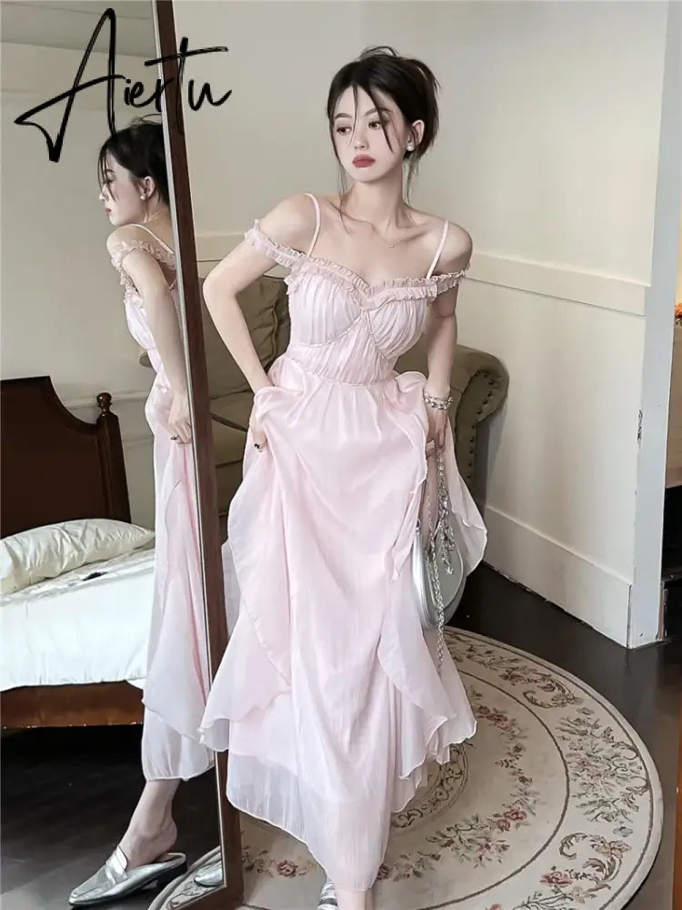Aiertu Summer Women Sweet Pink Fairy Chiffon Midi Dress Korean Elegant One-piece A-Line Vestidos Female Clothing Aiertu