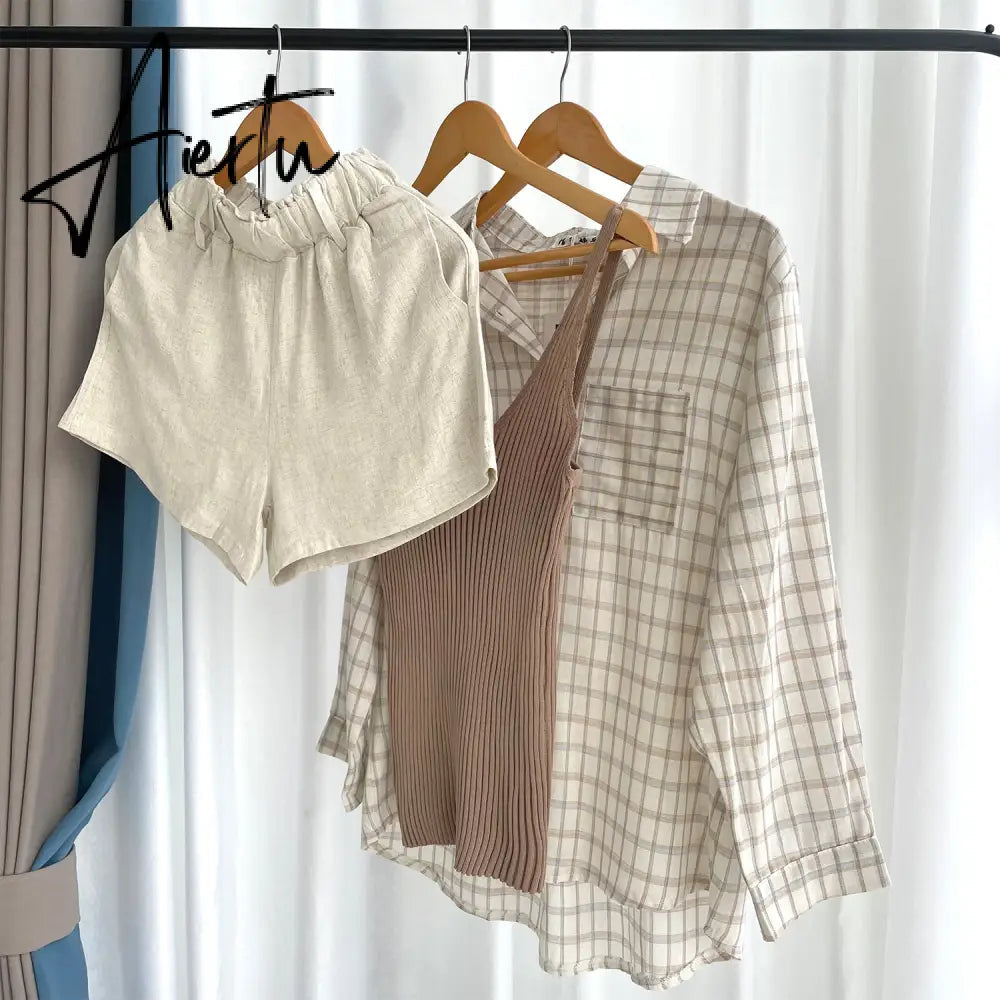 Aiertu Summer Women Three Piece Sets Casual Linen Plaid Long Sleeve Tops + Elastic Waist Belt Wide Leg Shorts Vest Suits Aiertu