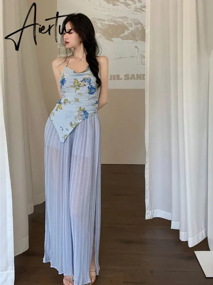 Aiertu Summer Women's Pleated Pant Suit 2 Piece Set French Style Sexy Halter Top & Elastic Waist Long Pants Outfits  Vacation Sets Aiertu