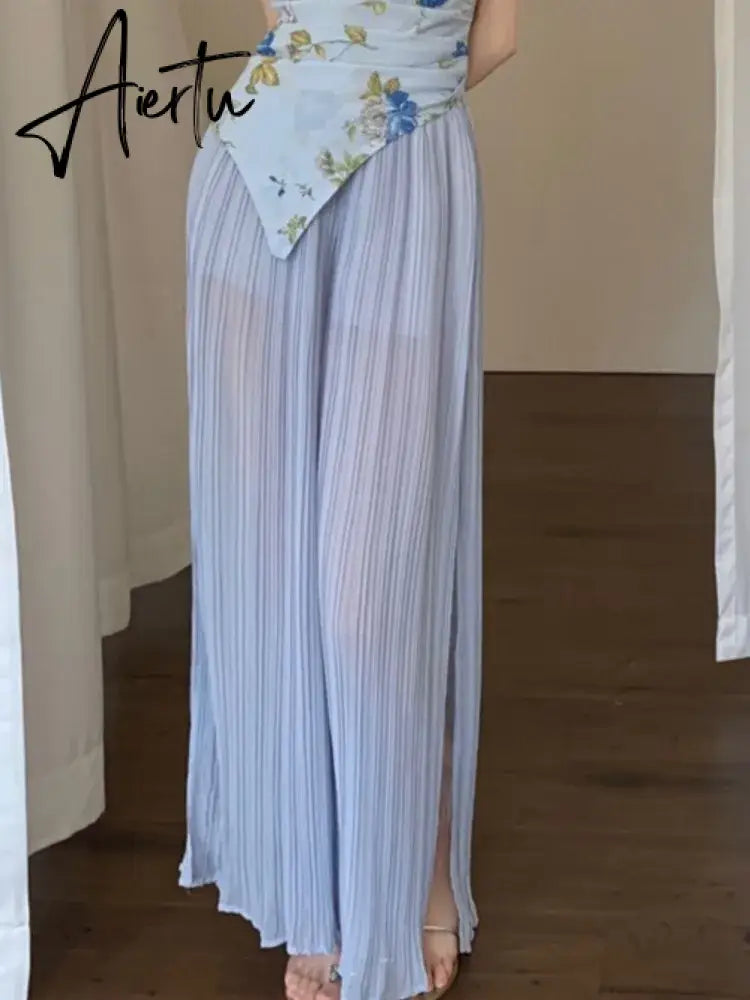 Aiertu Summer Women's Pleated Pant Suit 2 Piece Set French Style Sexy Halter Top & Elastic Waist Long Pants Outfits  Vacation Sets Aiertu