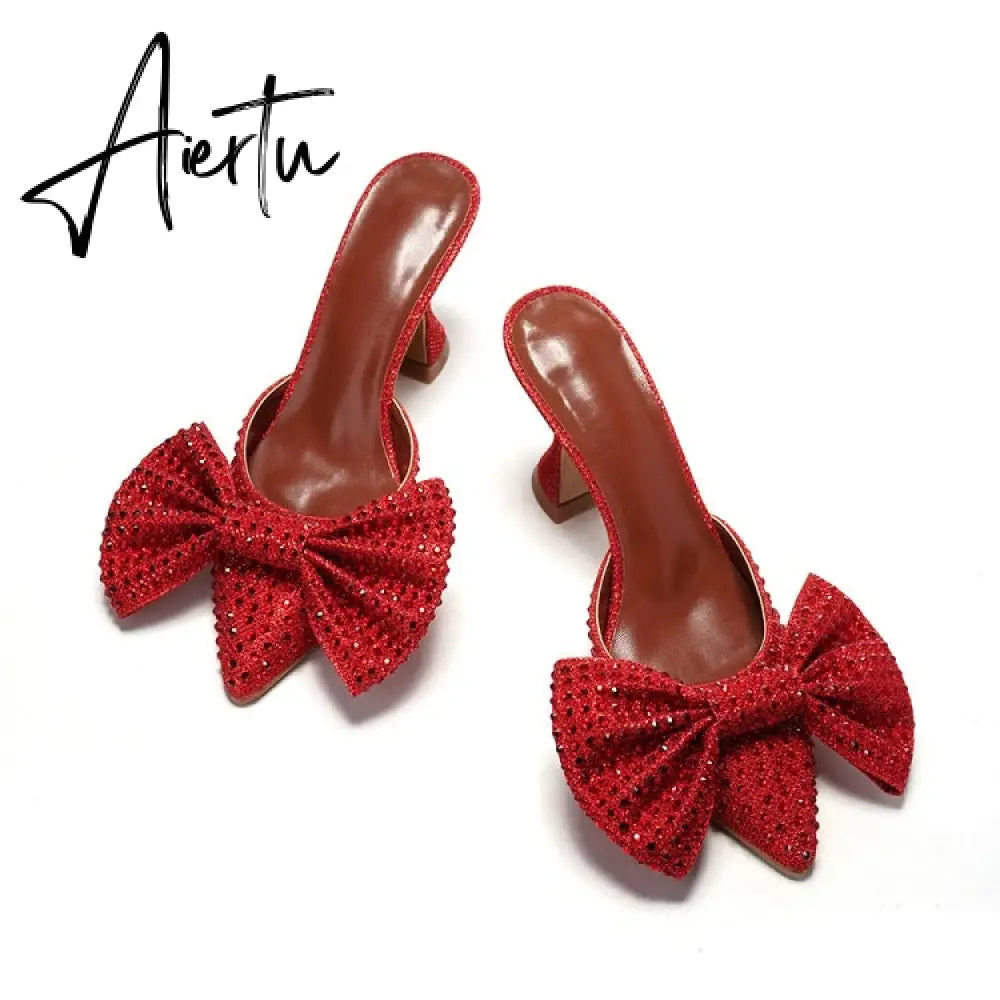 Aiertu  Super Flash Bow Rhinestone Shiny Wine Glass with High Heel Women's Slippers Aiertu