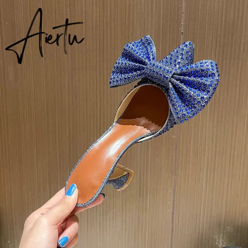 Aiertu  Super Flash Bow Rhinestone Shiny Wine Glass with High Heel Women's Slippers Aiertu