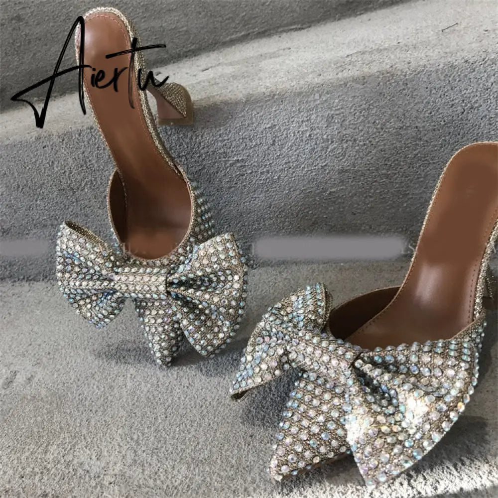 Aiertu  Super Flash Bow Rhinestone Shiny Wine Glass with High Heel Women's Slippers Aiertu