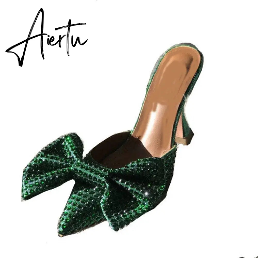 Aiertu  Super Flash Bow Rhinestone Shiny Wine Glass with High Heel Women's Slippers Aiertu
