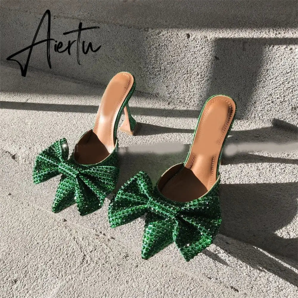 Aiertu  Super Flash Bow Rhinestone Shiny Wine Glass with High Heel Women's Slippers Aiertu