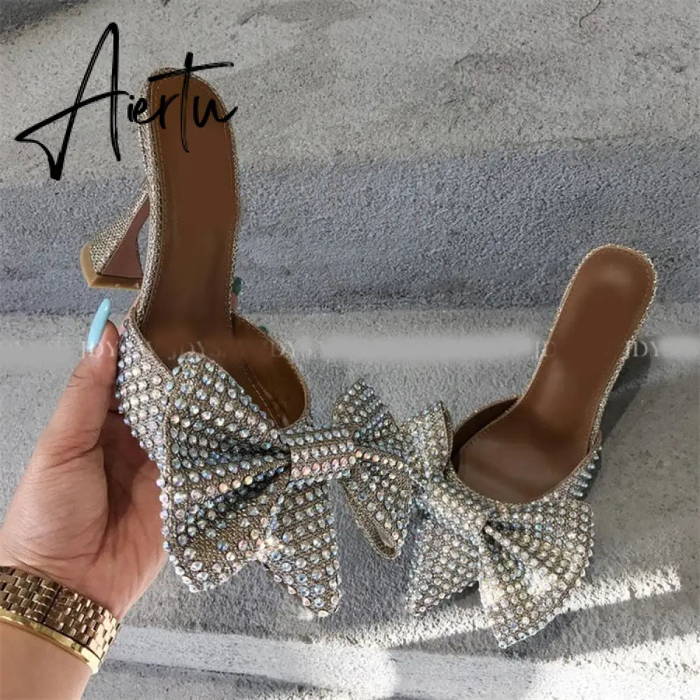 Aiertu  Super Flash Bow Rhinestone Shiny Wine Glass with High Heel Women's Slippers Aiertu