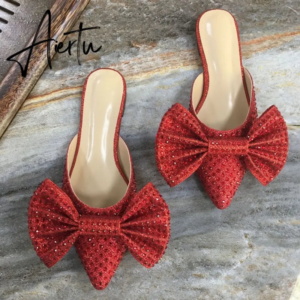 Aiertu  Super Flash Bow Rhinestone Shiny Wine Glass with High Heel Women's Slippers Aiertu