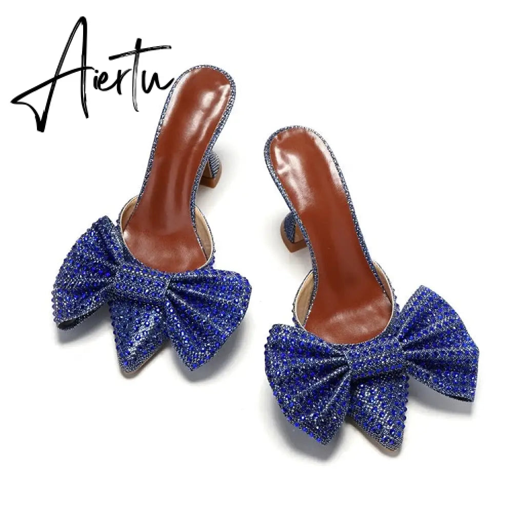 Aiertu  Super Flash Bow Rhinestone Shiny Wine Glass with High Heel Women's Slippers Aiertu
