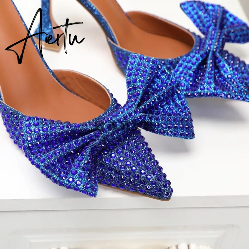 Aiertu  Super Flash Bow Rhinestone Shiny Wine Glass with High Heel Women's Slippers Aiertu