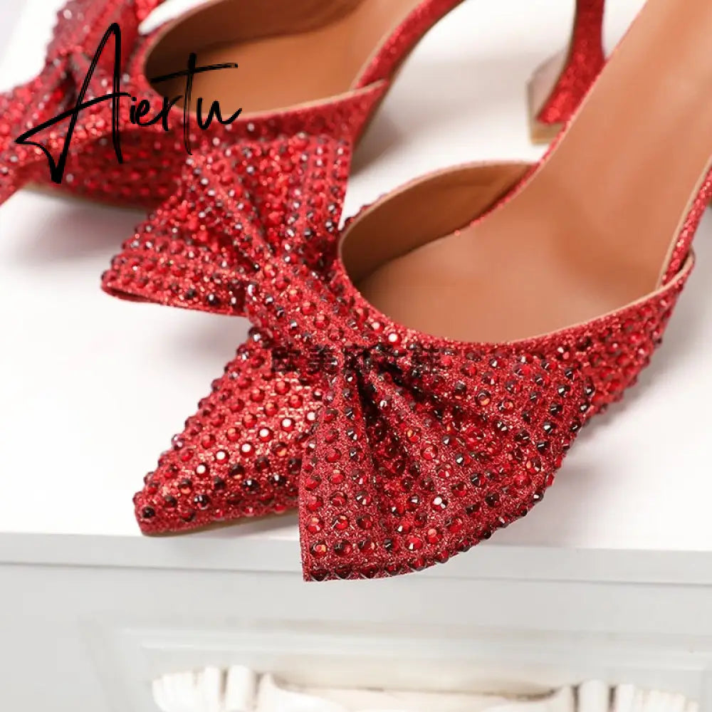 Aiertu  Super Flash Bow Rhinestone Shiny Wine Glass with High Heel Women's Slippers Aiertu