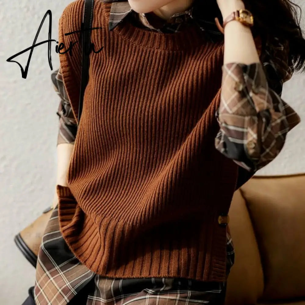 Aiertu Sweater Vest Women O-neck Solid Autumn Fashionable Button Chic Design Female Leisure Knitwear Preppy Style New Arrival Soft Cozy Aiertu