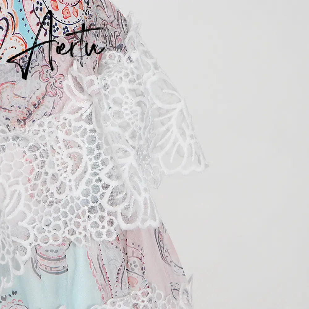Aiertu  Sweet Patchwork Lace Set For Women Stand Collar Long Sleeve Shirt High Waist Skirt Print Sets Female Fashion New Aiertu