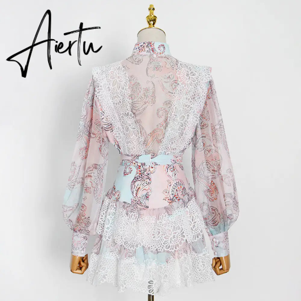 Aiertu  Sweet Patchwork Lace Set For Women Stand Collar Long Sleeve Shirt High Waist Skirt Print Sets Female Fashion New Aiertu