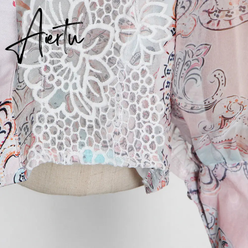 Aiertu  Sweet Patchwork Lace Set For Women Stand Collar Long Sleeve Shirt High Waist Skirt Print Sets Female Fashion New Aiertu