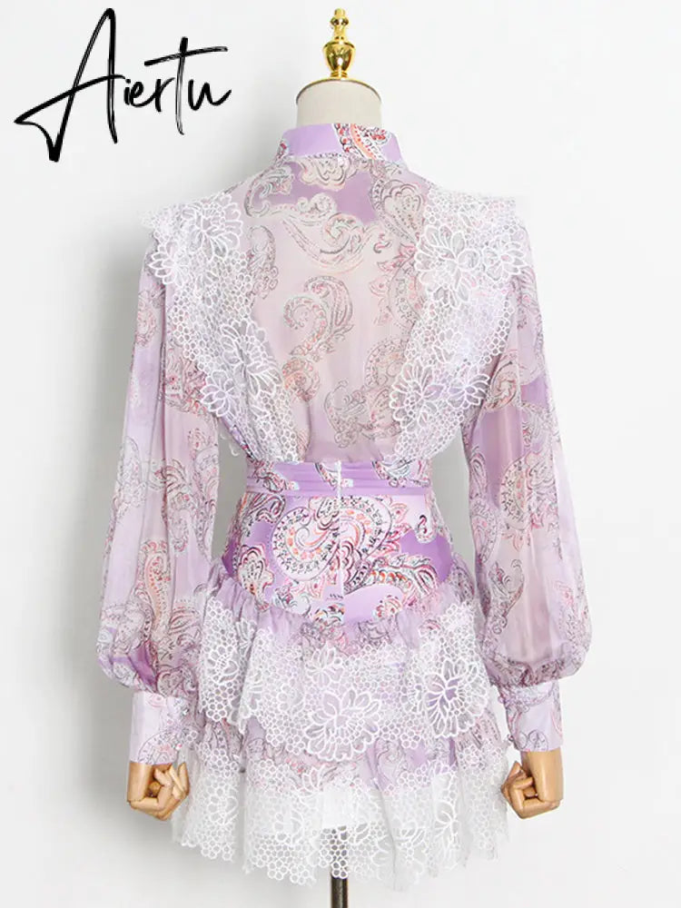 Aiertu  Sweet Patchwork Lace Set For Women Stand Collar Long Sleeve Shirt High Waist Skirt Print Sets Female Fashion New Aiertu