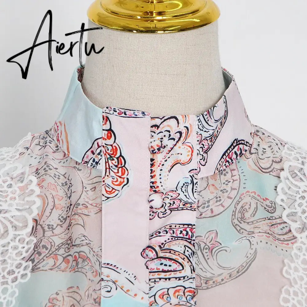 Aiertu  Sweet Patchwork Lace Set For Women Stand Collar Long Sleeve Shirt High Waist Skirt Print Sets Female Fashion New Aiertu