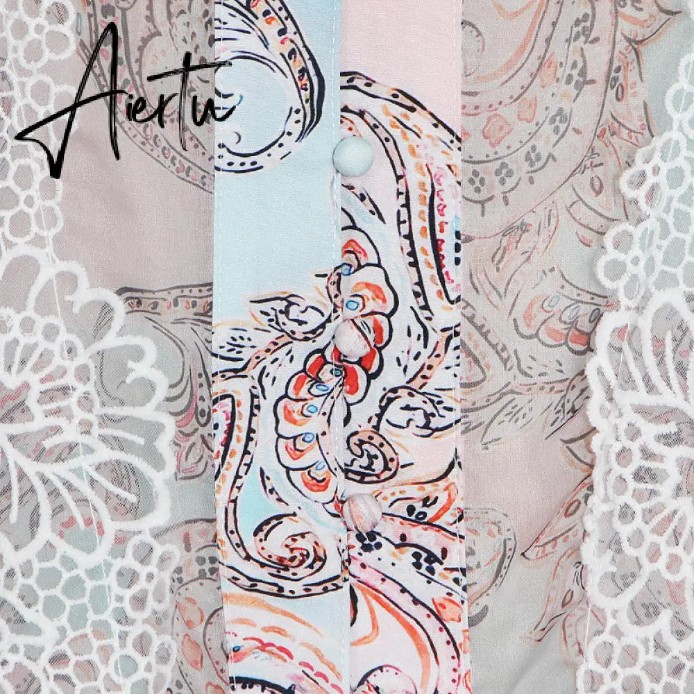 Aiertu  Sweet Patchwork Lace Set For Women Stand Collar Long Sleeve Shirt High Waist Skirt Print Sets Female Fashion New Aiertu