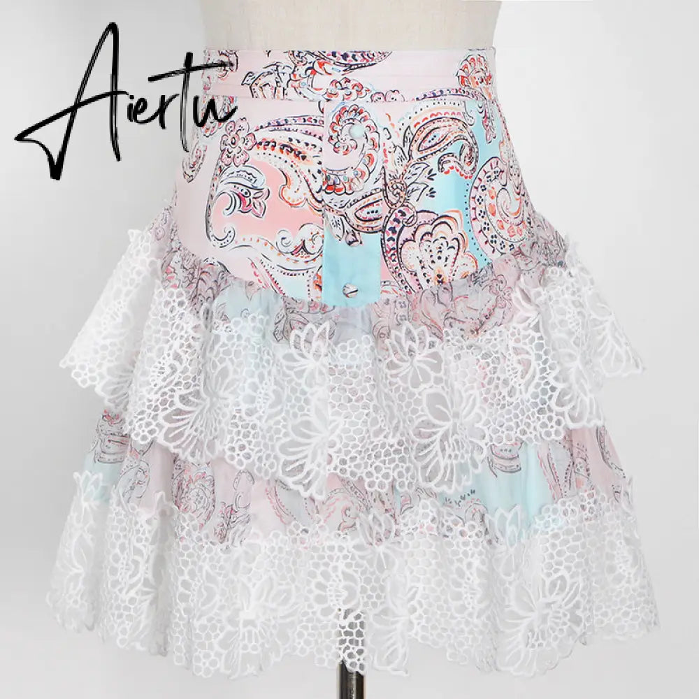 Aiertu  Sweet Patchwork Lace Set For Women Stand Collar Long Sleeve Shirt High Waist Skirt Print Sets Female Fashion New Aiertu
