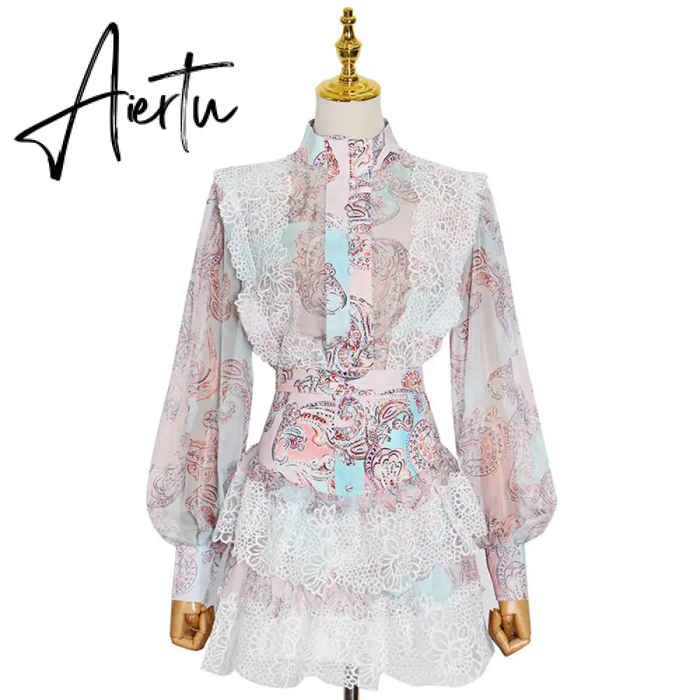 Aiertu  Sweet Patchwork Lace Set For Women Stand Collar Long Sleeve Shirt High Waist Skirt Print Sets Female Fashion New Aiertu