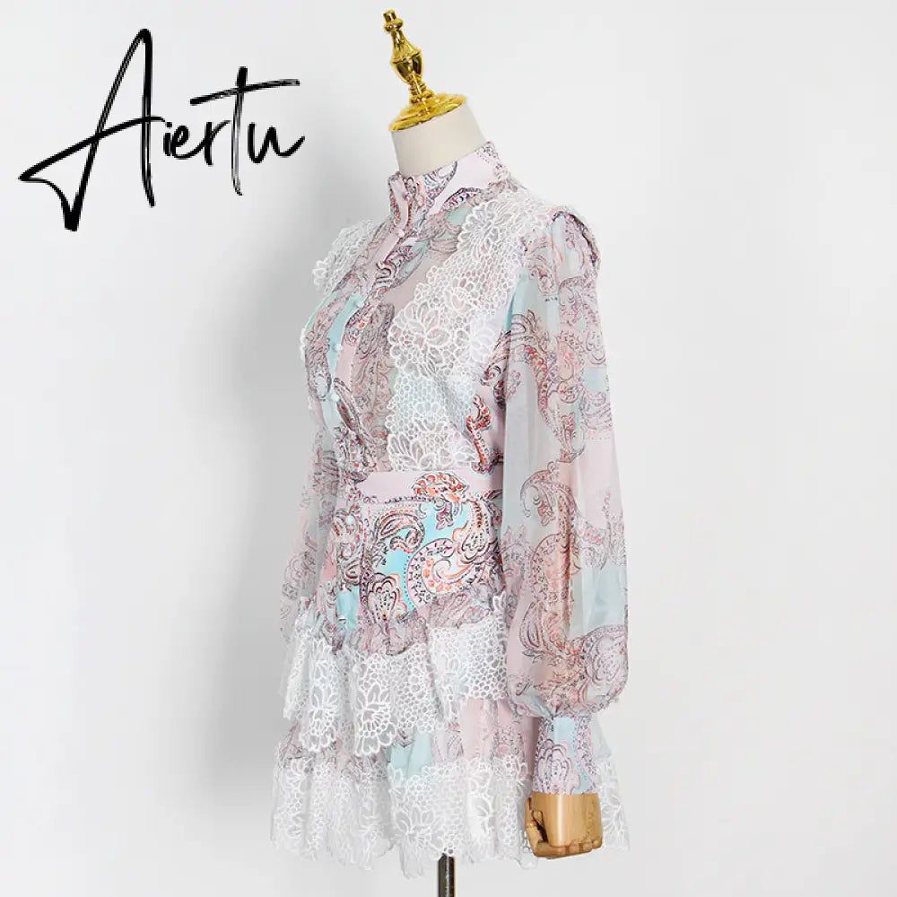 Aiertu  Sweet Patchwork Lace Set For Women Stand Collar Long Sleeve Shirt High Waist Skirt Print Sets Female Fashion New Aiertu