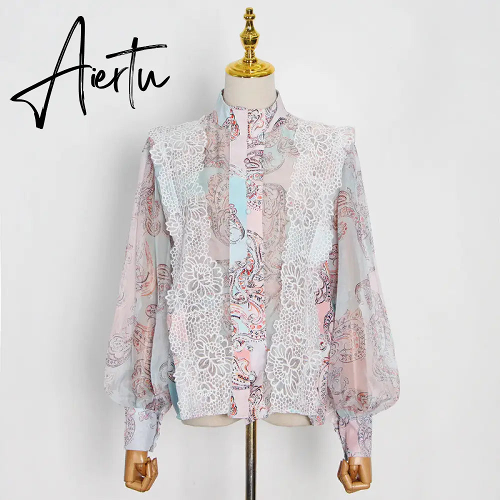 Aiertu  Sweet Patchwork Lace Set For Women Stand Collar Long Sleeve Shirt High Waist Skirt Print Sets Female Fashion New Aiertu
