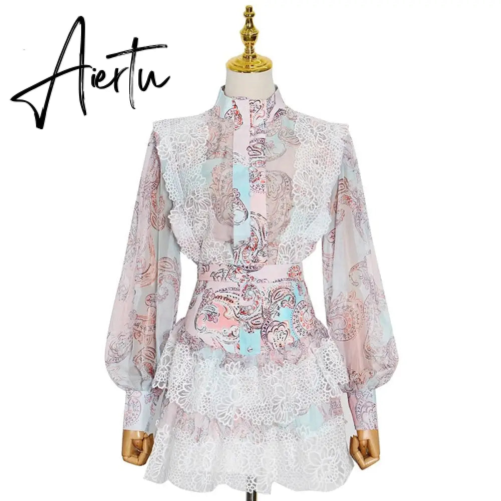 Aiertu  Sweet Patchwork Lace Set For Women Stand Collar Long Sleeve Shirt High Waist Skirt Print Sets Female Fashion New Aiertu