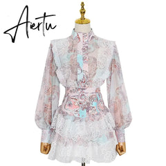 Aiertu  Sweet Patchwork Lace Set For Women Stand Collar Long Sleeve Shirt High Waist Skirt Print Sets Female Fashion New Aiertu