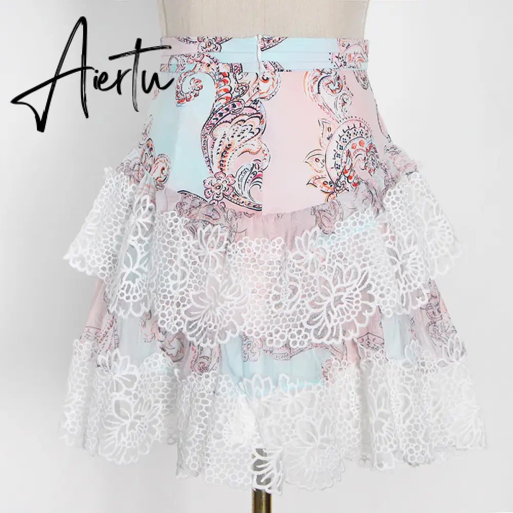 Aiertu  Sweet Patchwork Lace Set For Women Stand Collar Long Sleeve Shirt High Waist Skirt Print Sets Female Fashion New Aiertu
