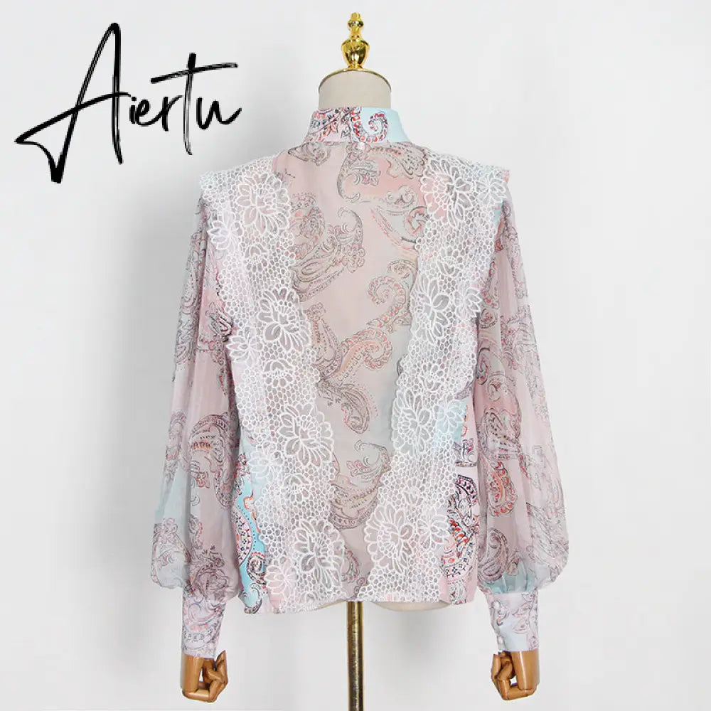 Aiertu  Sweet Patchwork Lace Set For Women Stand Collar Long Sleeve Shirt High Waist Skirt Print Sets Female Fashion New Aiertu