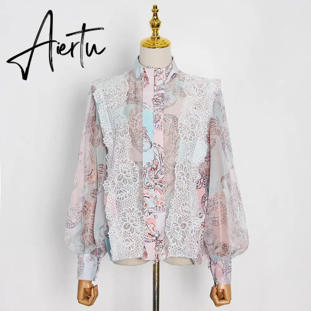 Aiertu  Sweet Patchwork Lace Set For Women Stand Collar Long Sleeve Shirt High Waist Skirt Print Sets Female Fashion New Aiertu