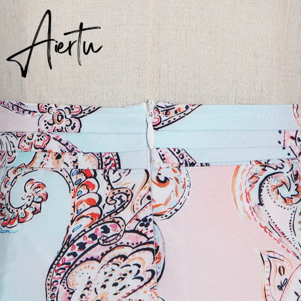 Aiertu  Sweet Patchwork Lace Set For Women Stand Collar Long Sleeve Shirt High Waist Skirt Print Sets Female Fashion New Aiertu