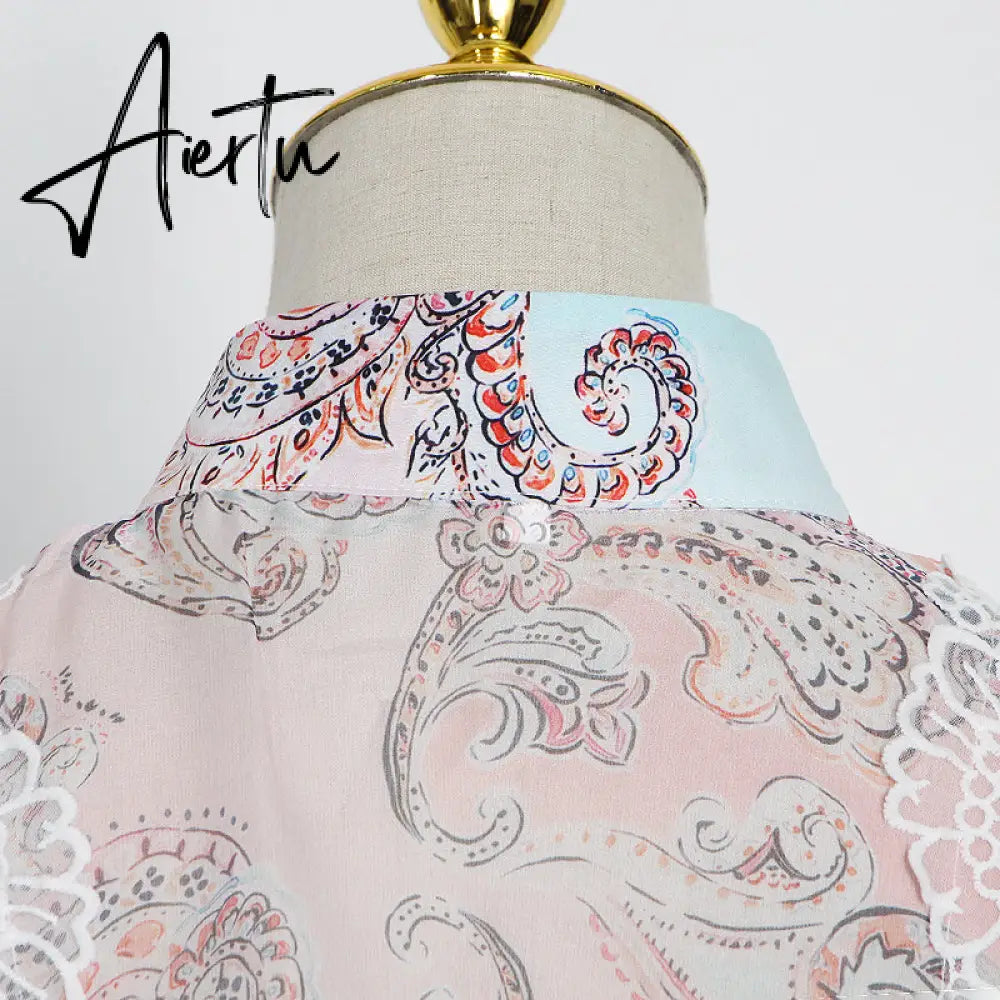 Aiertu  Sweet Patchwork Lace Set For Women Stand Collar Long Sleeve Shirt High Waist Skirt Print Sets Female Fashion New Aiertu