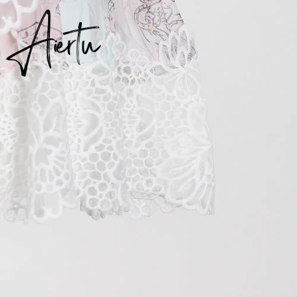 Aiertu  Sweet Patchwork Lace Set For Women Stand Collar Long Sleeve Shirt High Waist Skirt Print Sets Female Fashion New Aiertu