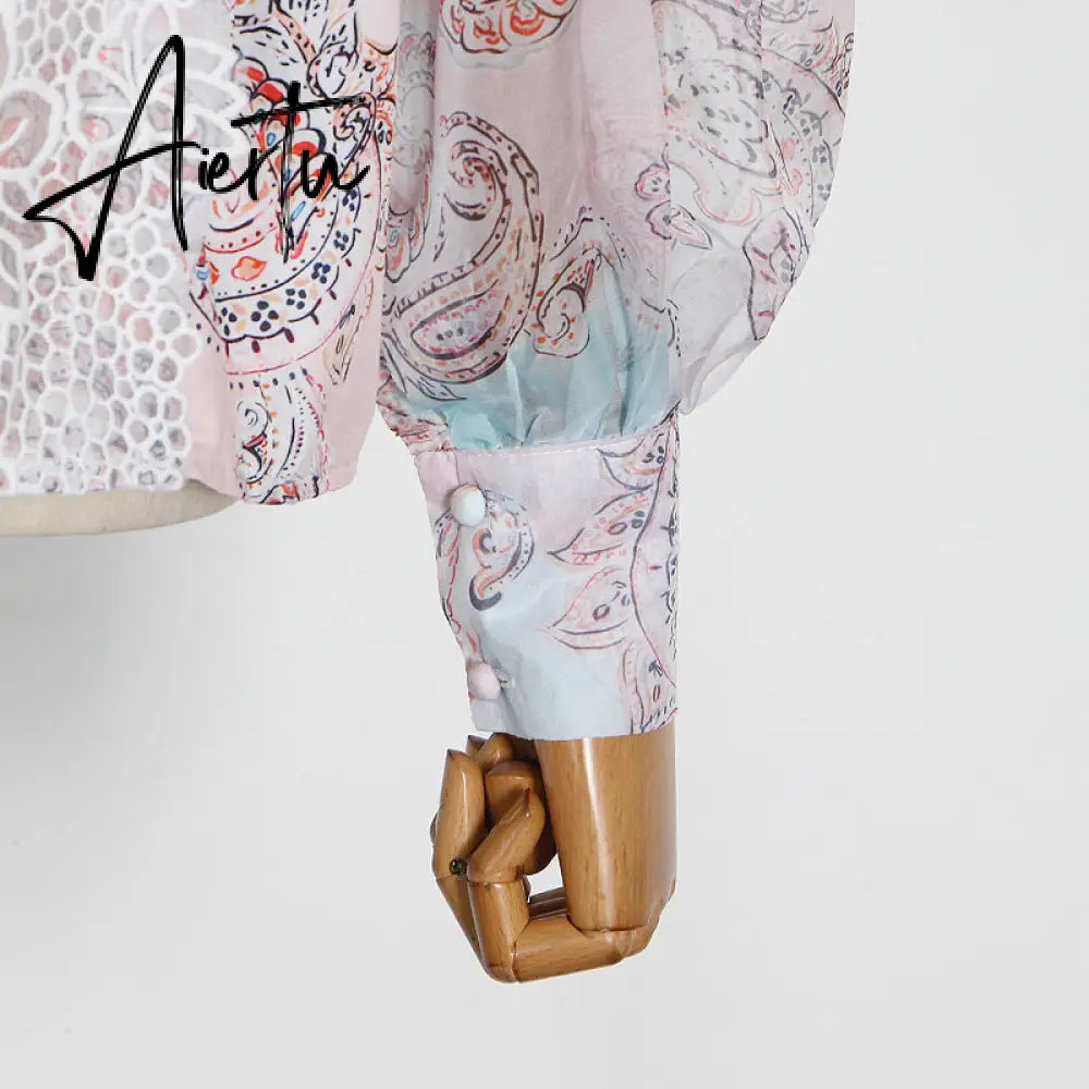 Aiertu  Sweet Patchwork Lace Set For Women Stand Collar Long Sleeve Shirt High Waist Skirt Print Sets Female Fashion New Aiertu