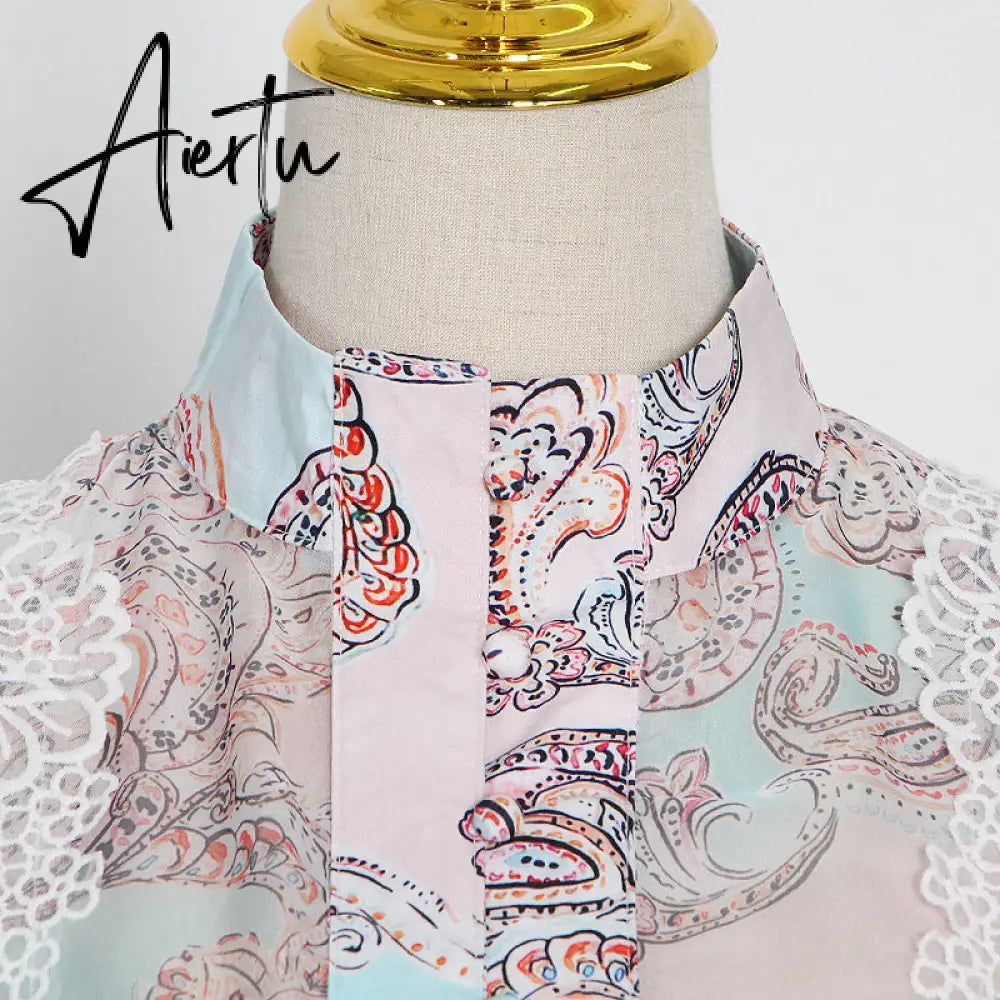 Aiertu  Sweet Patchwork Lace Set For Women Stand Collar Long Sleeve Shirt High Waist Skirt Print Sets Female Fashion New Aiertu