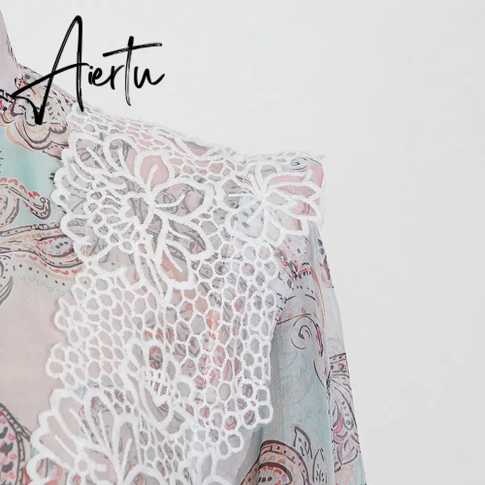 Aiertu  Sweet Patchwork Lace Set For Women Stand Collar Long Sleeve Shirt High Waist Skirt Print Sets Female Fashion New Aiertu