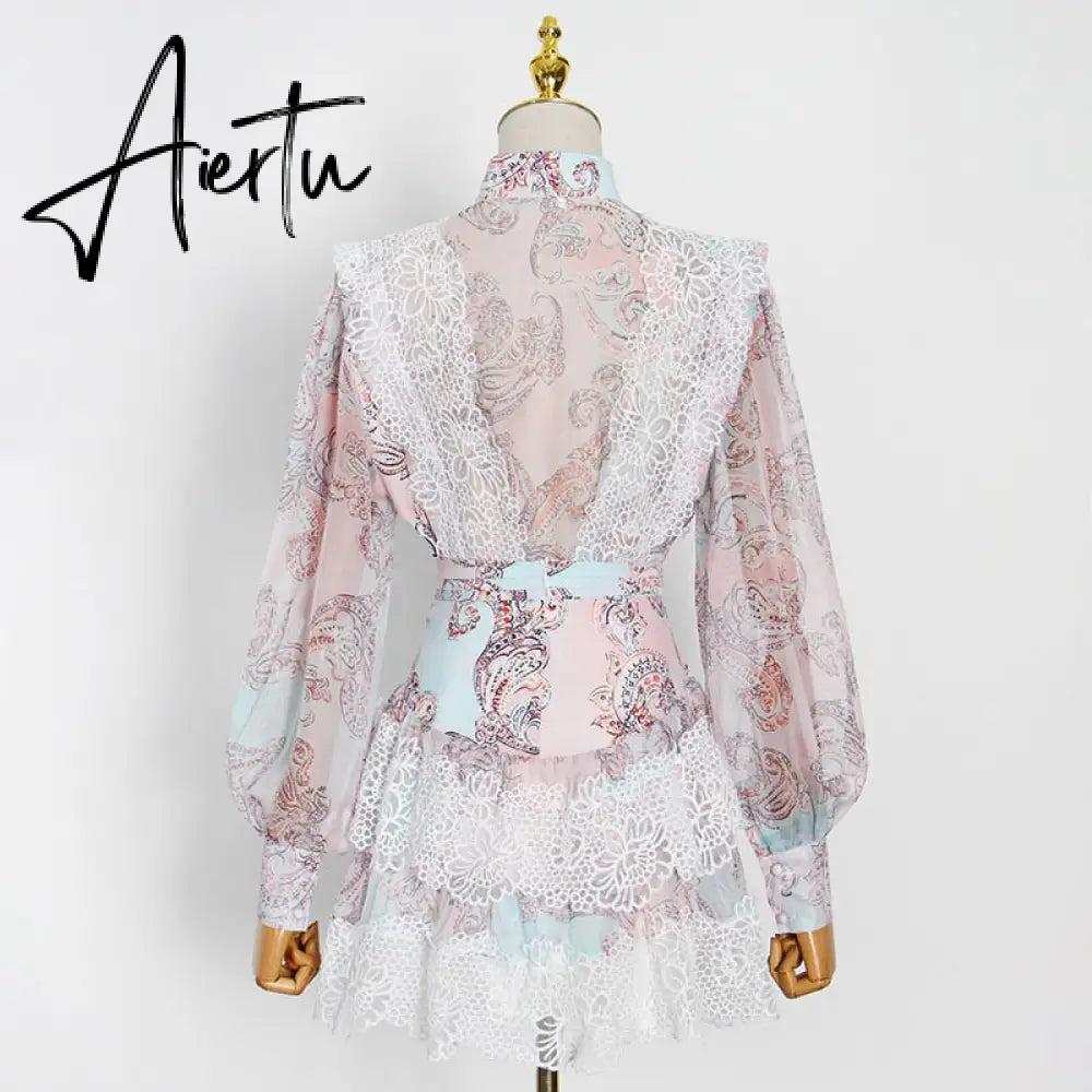 Aiertu  Sweet Patchwork Lace Set For Women Stand Collar Long Sleeve Shirt High Waist Skirt Print Sets Female Fashion New Aiertu