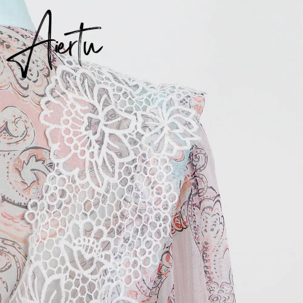 Aiertu  Sweet Patchwork Lace Set For Women Stand Collar Long Sleeve Shirt High Waist Skirt Print Sets Female Fashion New Aiertu