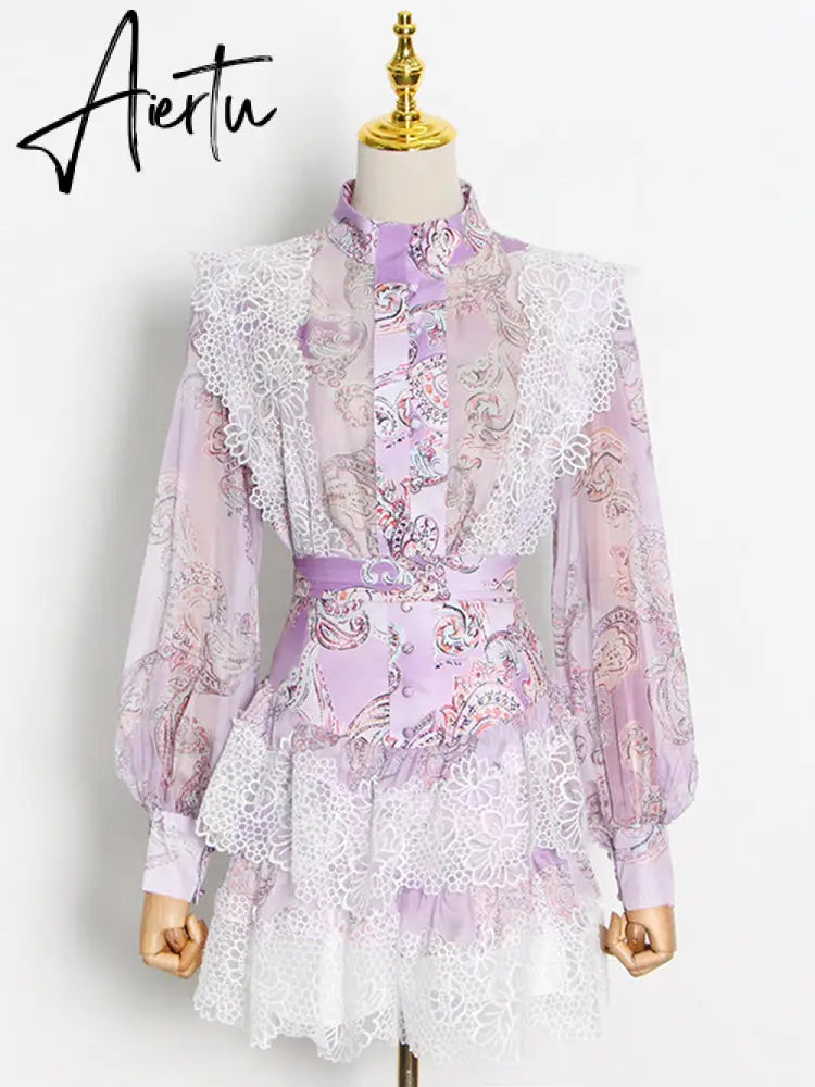 Aiertu  Sweet Patchwork Lace Set For Women Stand Collar Long Sleeve Shirt High Waist Skirt Print Sets Female Fashion New Aiertu