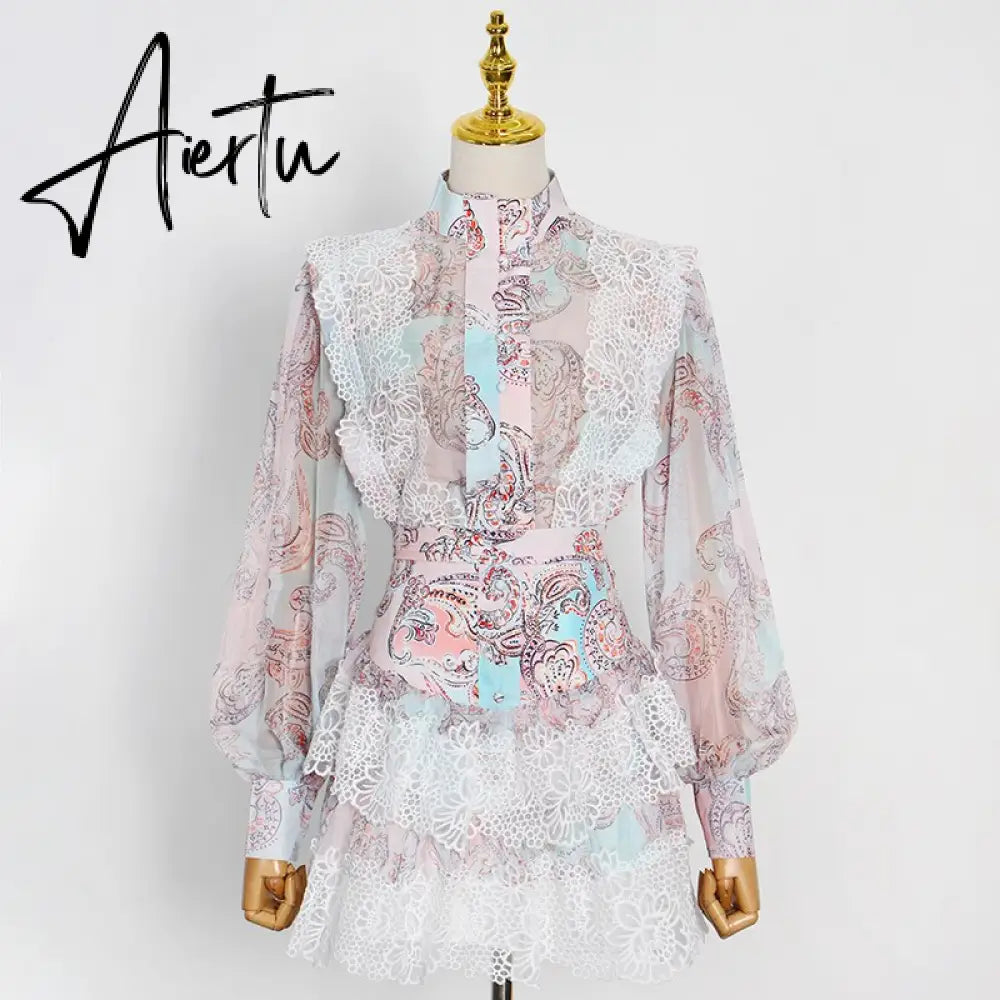 Aiertu  Sweet Patchwork Lace Set For Women Stand Collar Long Sleeve Shirt High Waist Skirt Print Sets Female Fashion New Aiertu