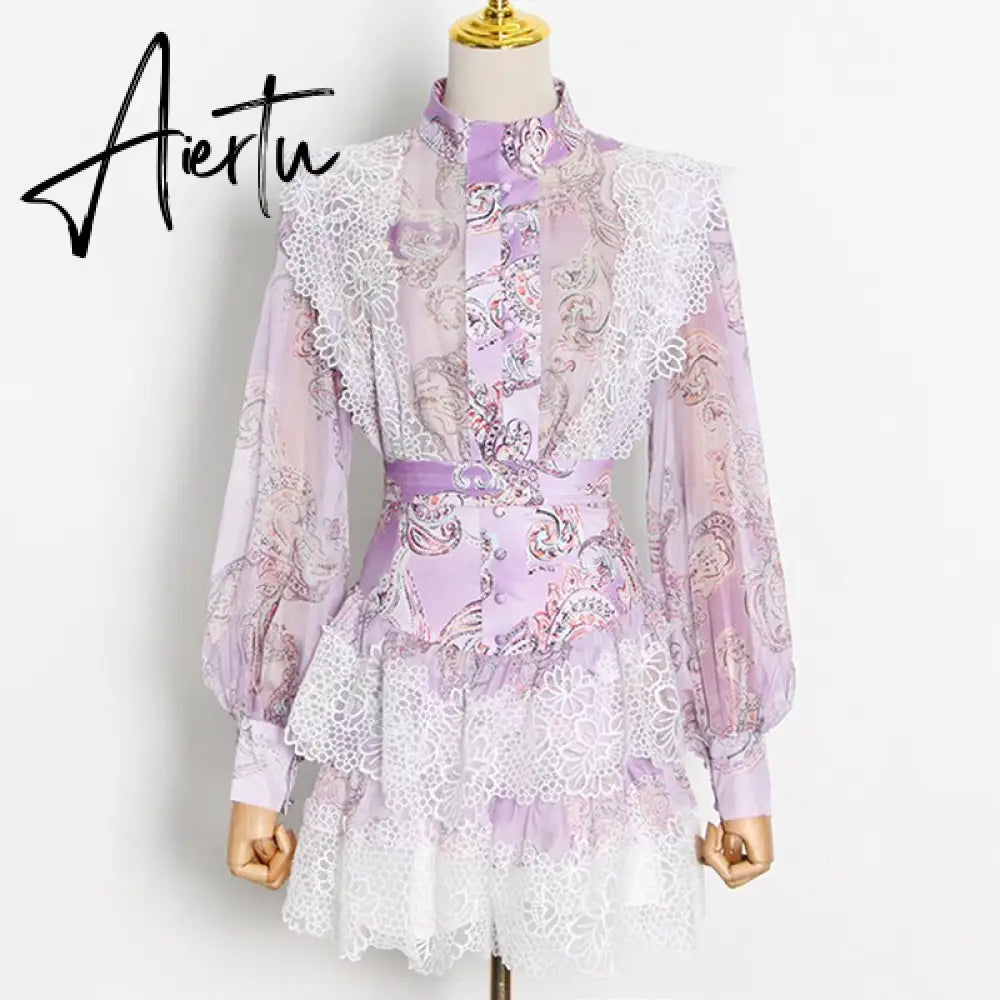 Aiertu  Sweet Patchwork Lace Set For Women Stand Collar Long Sleeve Shirt High Waist Skirt Print Sets Female Fashion New Aiertu