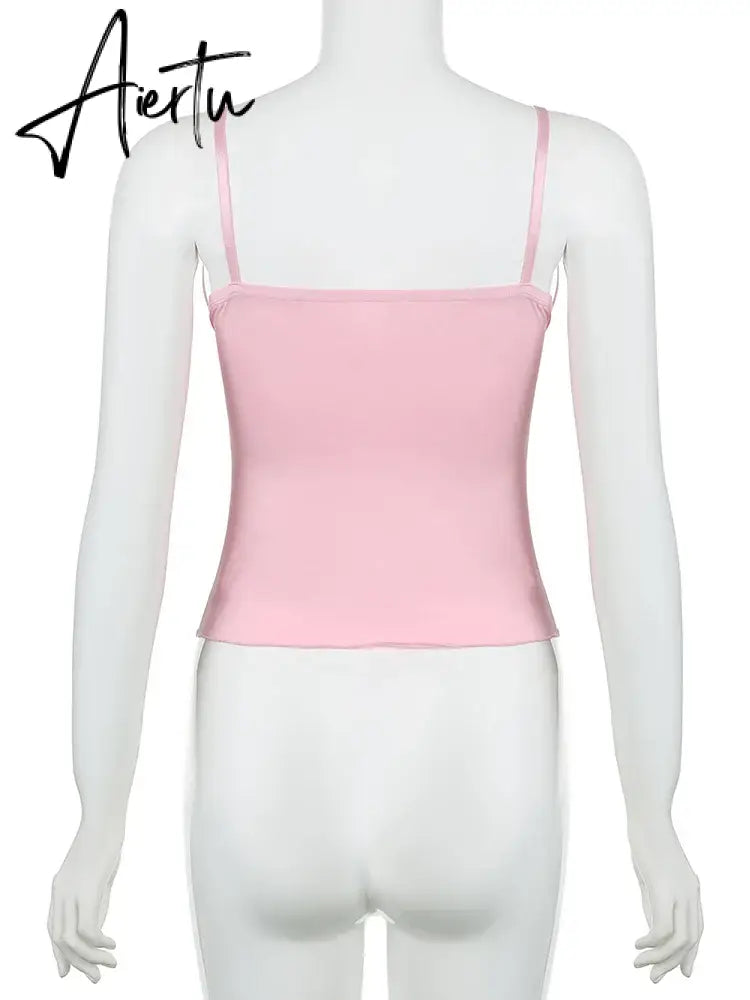 Aiertu  Sweet Solid Lace Trim Bandage Camis Top Casual Slim Deep V-Neck Sleeveless Tank Tops Women Summer Streetwear Fashion Aiertu