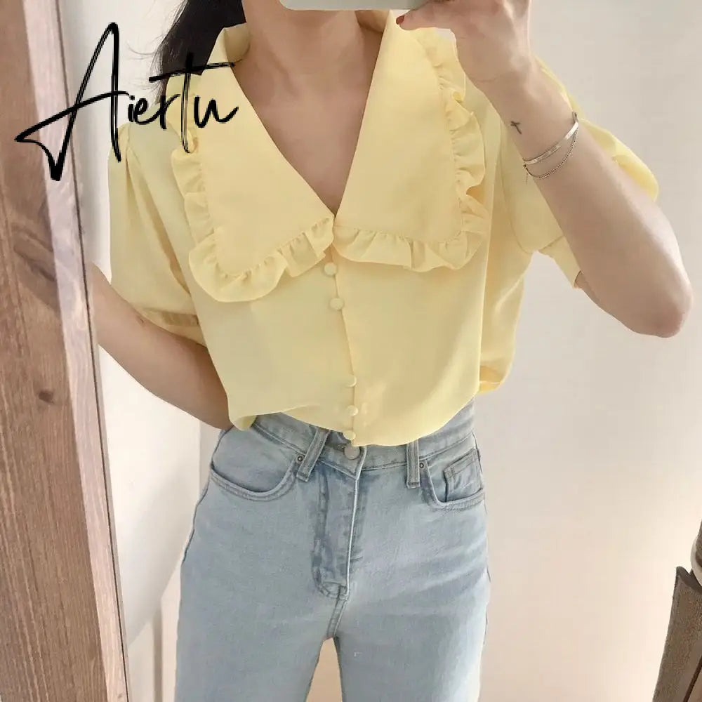 Aiertu  Sweet White Chiffon Blouse Women Ruffle Elegant Button Women Shirt Tops Summer Chic Puff Sleeve Blouses Woman Blusas Aiertu