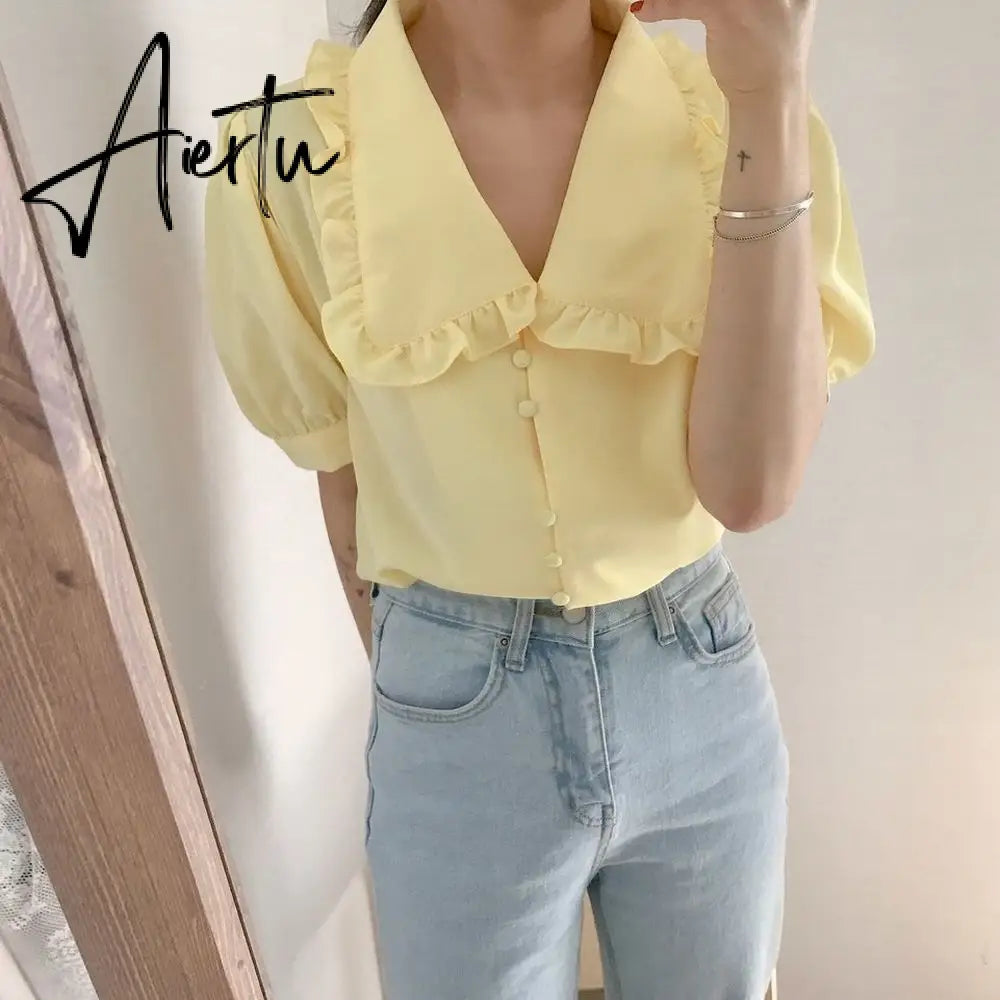 Aiertu  Sweet White Chiffon Blouse Women Ruffle Elegant Button Women Shirt Tops Summer Chic Puff Sleeve Blouses Woman Blusas Aiertu