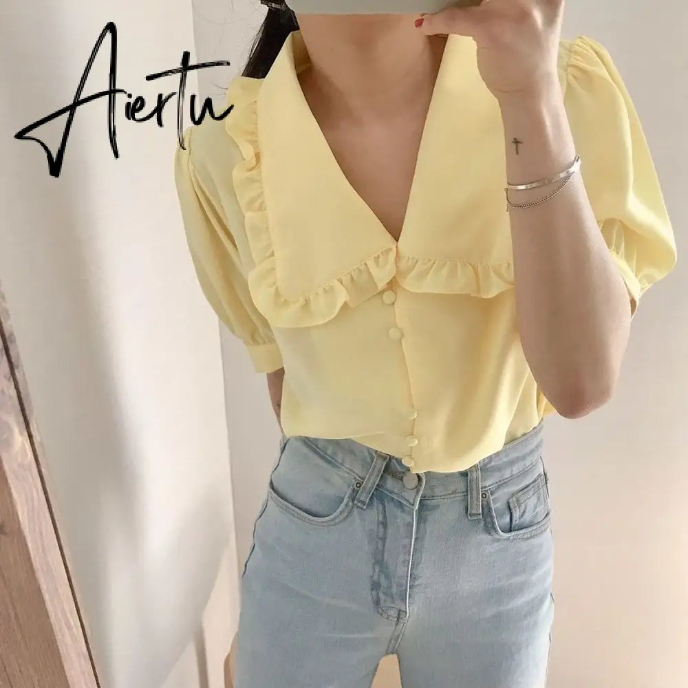 Aiertu  Sweet White Chiffon Blouse Women Ruffle Elegant Button Women Shirt Tops Summer Chic Puff Sleeve Blouses Woman Blusas Aiertu