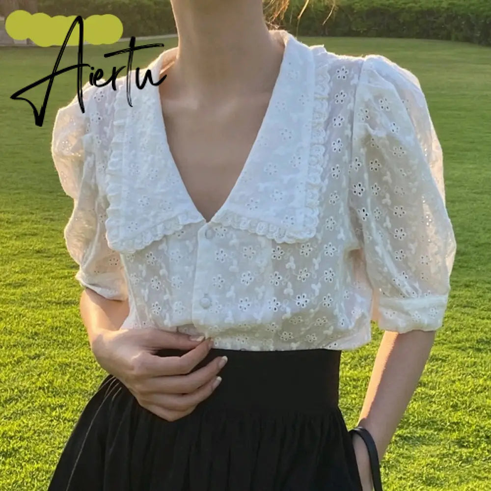 Aiertu  Sweet White Chiffon Blouse Women Ruffle Elegant Button Women Shirt Tops Summer Chic Puff Sleeve Blouses Woman Blusas Aiertu