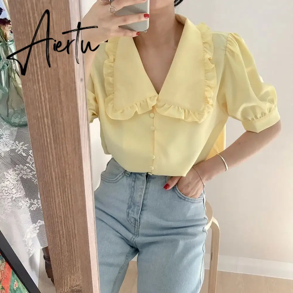 Aiertu  Sweet White Chiffon Blouse Women Ruffle Elegant Button Women Shirt Tops Summer Chic Puff Sleeve Blouses Woman Blusas Aiertu