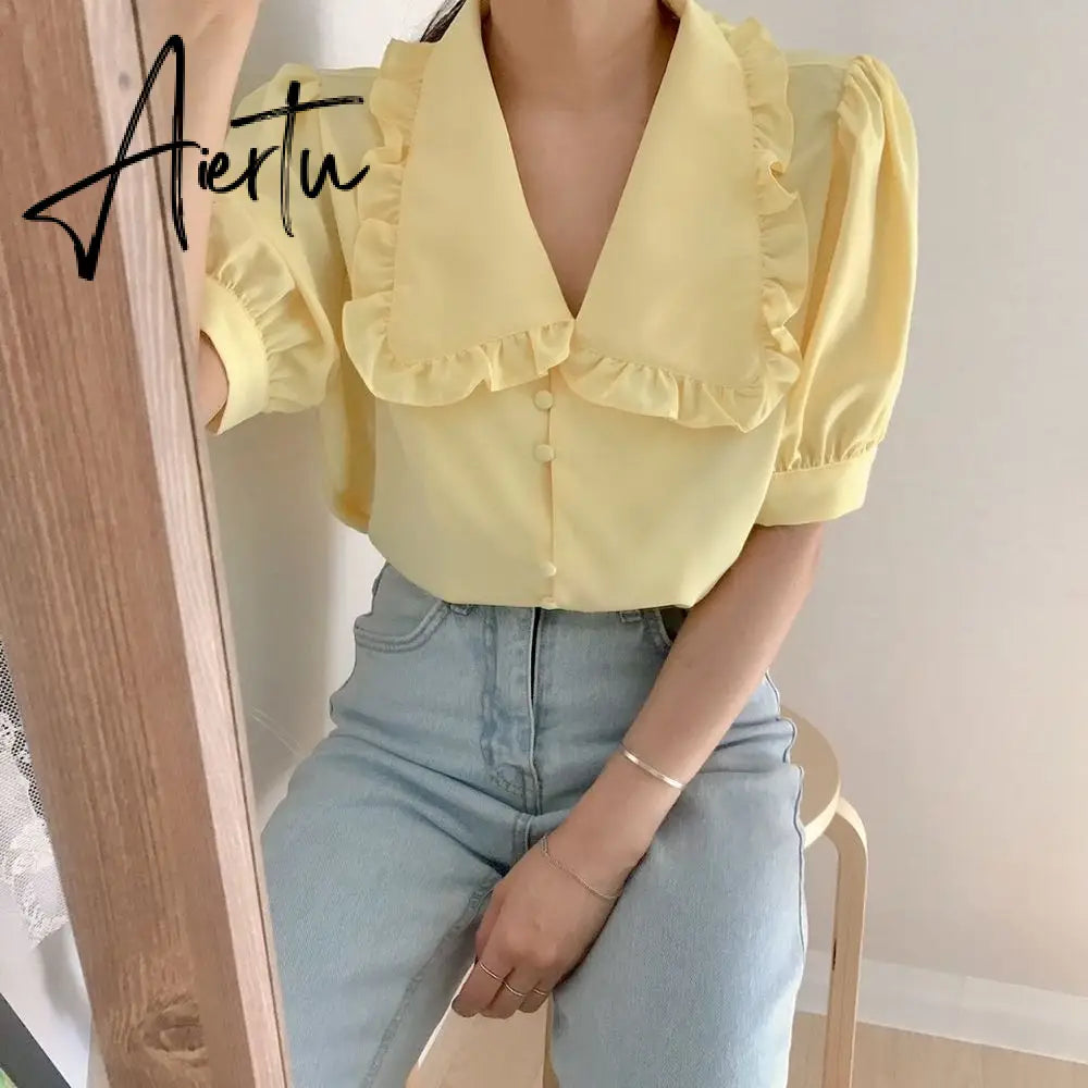 Aiertu  Sweet White Chiffon Blouse Women Ruffle Elegant Button Women Shirt Tops Summer Chic Puff Sleeve Blouses Woman Blusas Aiertu