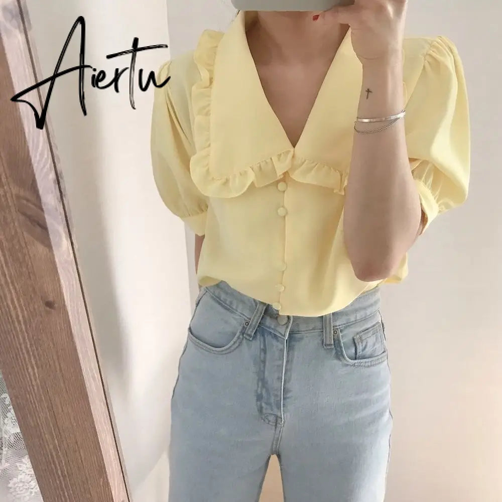 Aiertu  Sweet White Chiffon Blouse Women Ruffle Elegant Button Women Shirt Tops Summer Chic Puff Sleeve Blouses Woman Blusas Aiertu