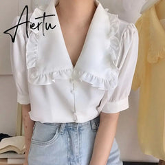 Aiertu  Sweet White Chiffon Blouse Women Ruffle Elegant Button Women Shirt Tops Summer Chic Puff Sleeve Blouses Woman Blusas Aiertu